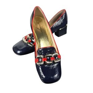 Marc by Marc Jacobs Pumps Womens 38 Navy Red Patent Leather Chain Heeled Loafers